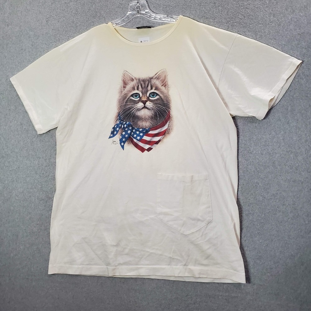 VINTAGE Cat Men Shirt One Size White Bob Harrison Wildside Patriotic USA READ
